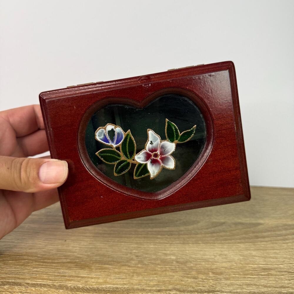 Vintage Cherry Wood Ornate Trinket Box Storage Display Floral